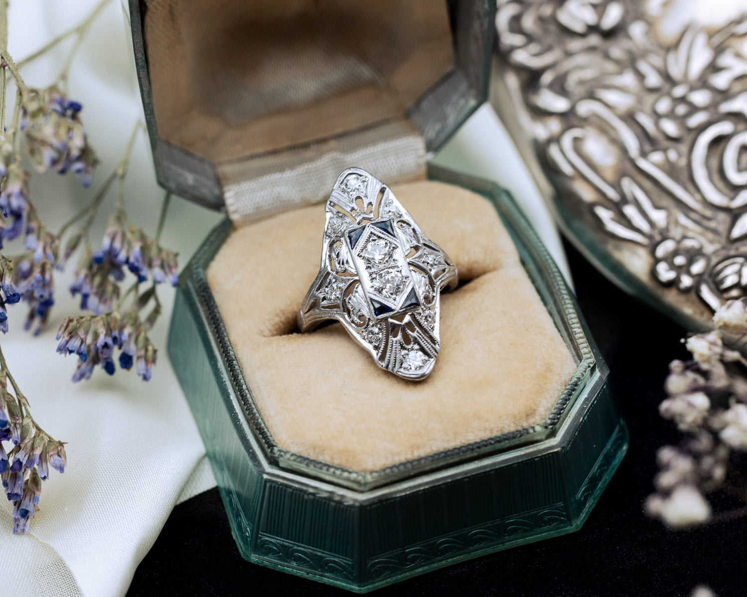 Vintage Women's Engagement Ring With Diamonds Sapphires in Platinum