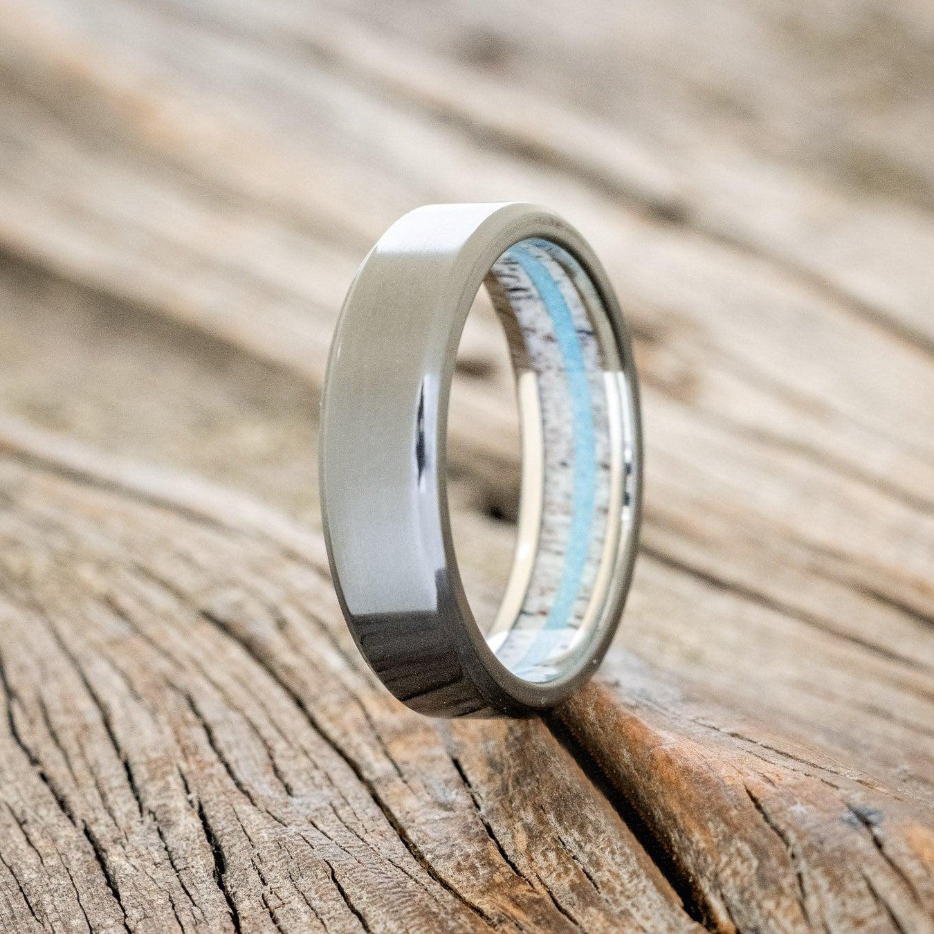 ANTLER LINED WEDDING BAND WITH OFF SET TURQUOISE-1