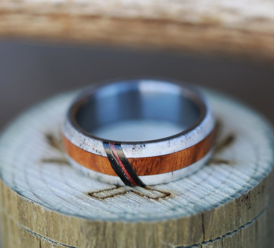 ANTLER, WOOD & AN ACRYLIC INLAY WEDDING BAND-1