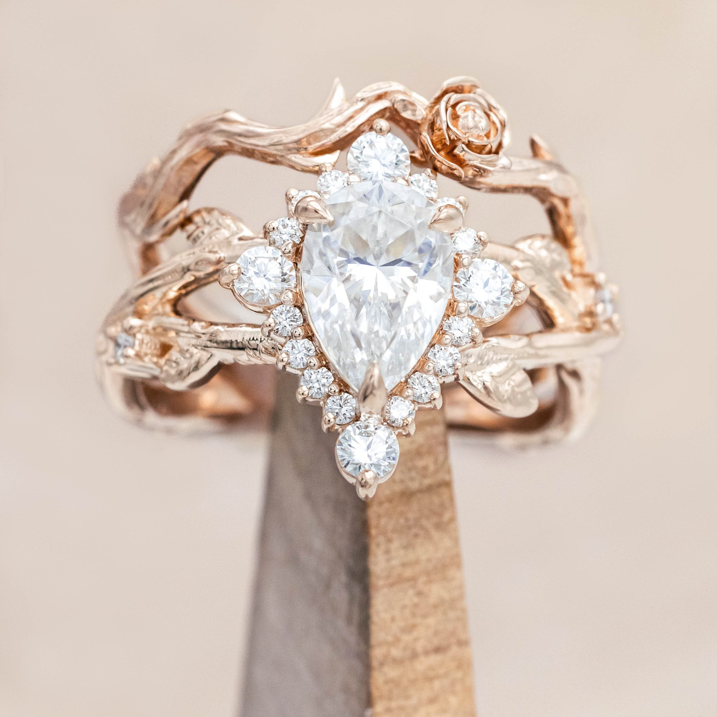 "ARTEMIS ON THE VINE DIVINE" - PEAR ENGAGEMENT RING WITH DIAMOND ACCENTS & A BRANCH-STYLE BAND-Staghead Designs