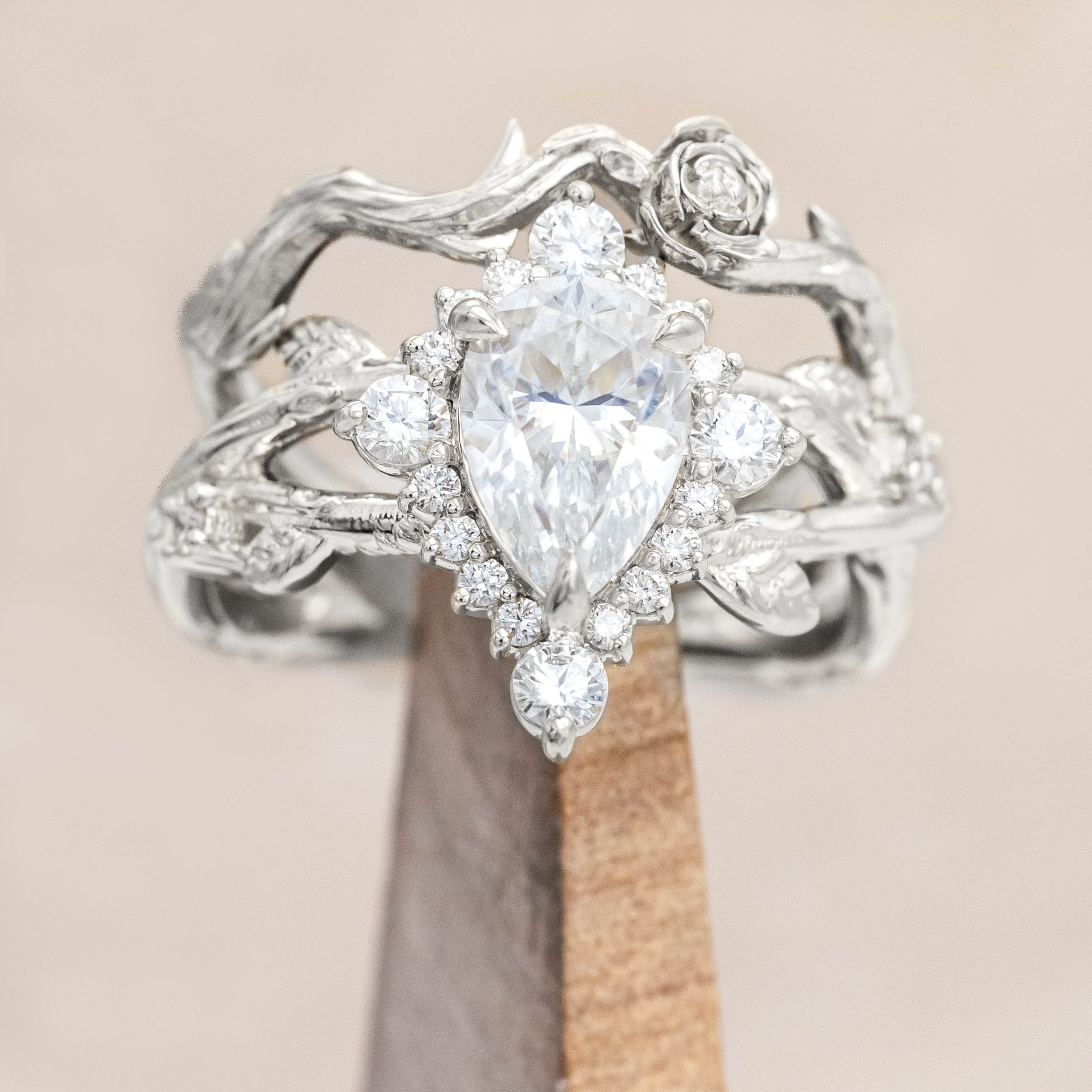 "ARTEMIS ON THE VINE DIVINE" - PEAR ENGAGEMENT RING WITH DIAMOND ACCENTS & A BRANCH-STYLE BAND-Staghead Designs