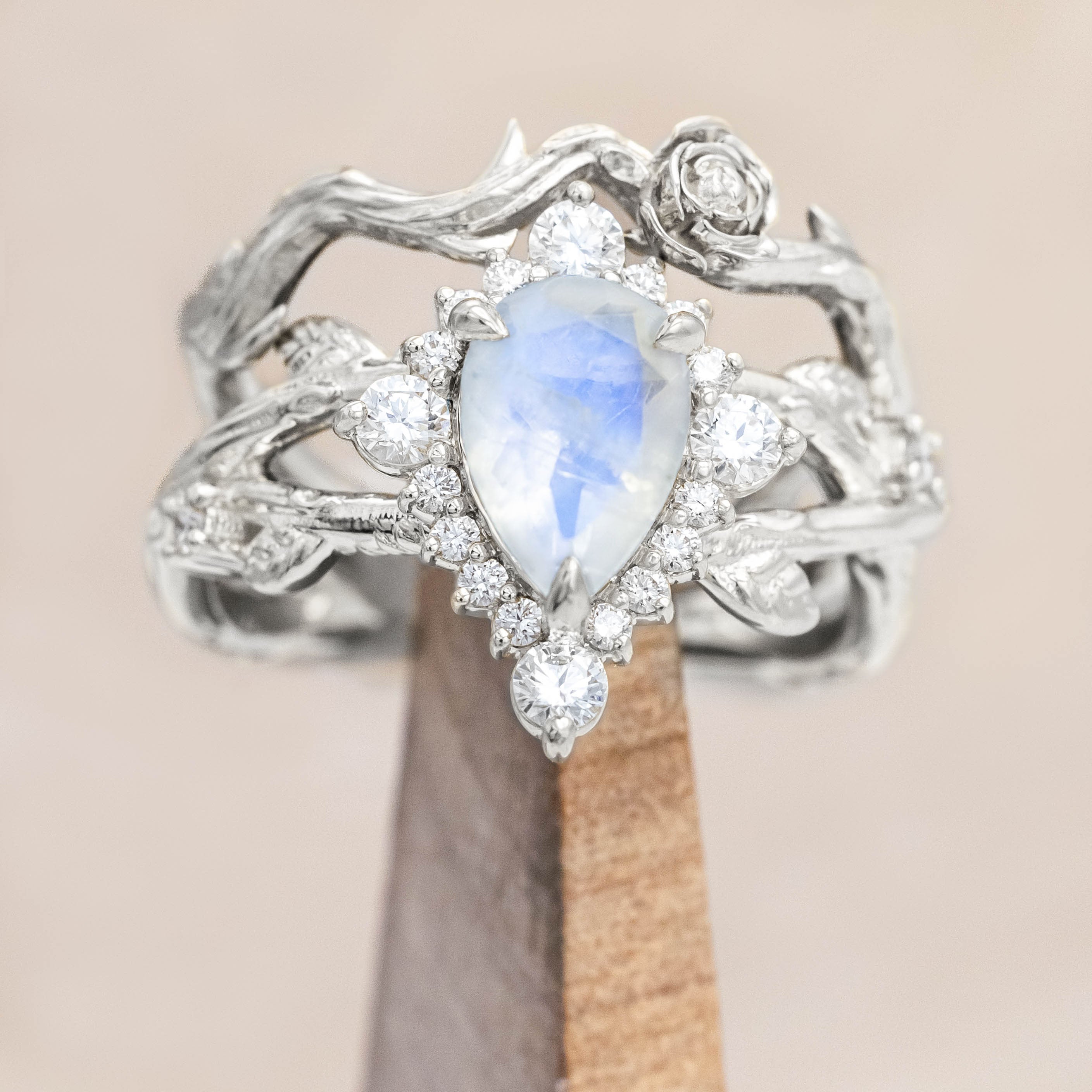 "ARTEMIS ON THE VINE DIVINE" - PEAR ENGAGEMENT RING WITH DIAMOND ACCENTS & A BRANCH-STYLE BAND-Staghead Designs