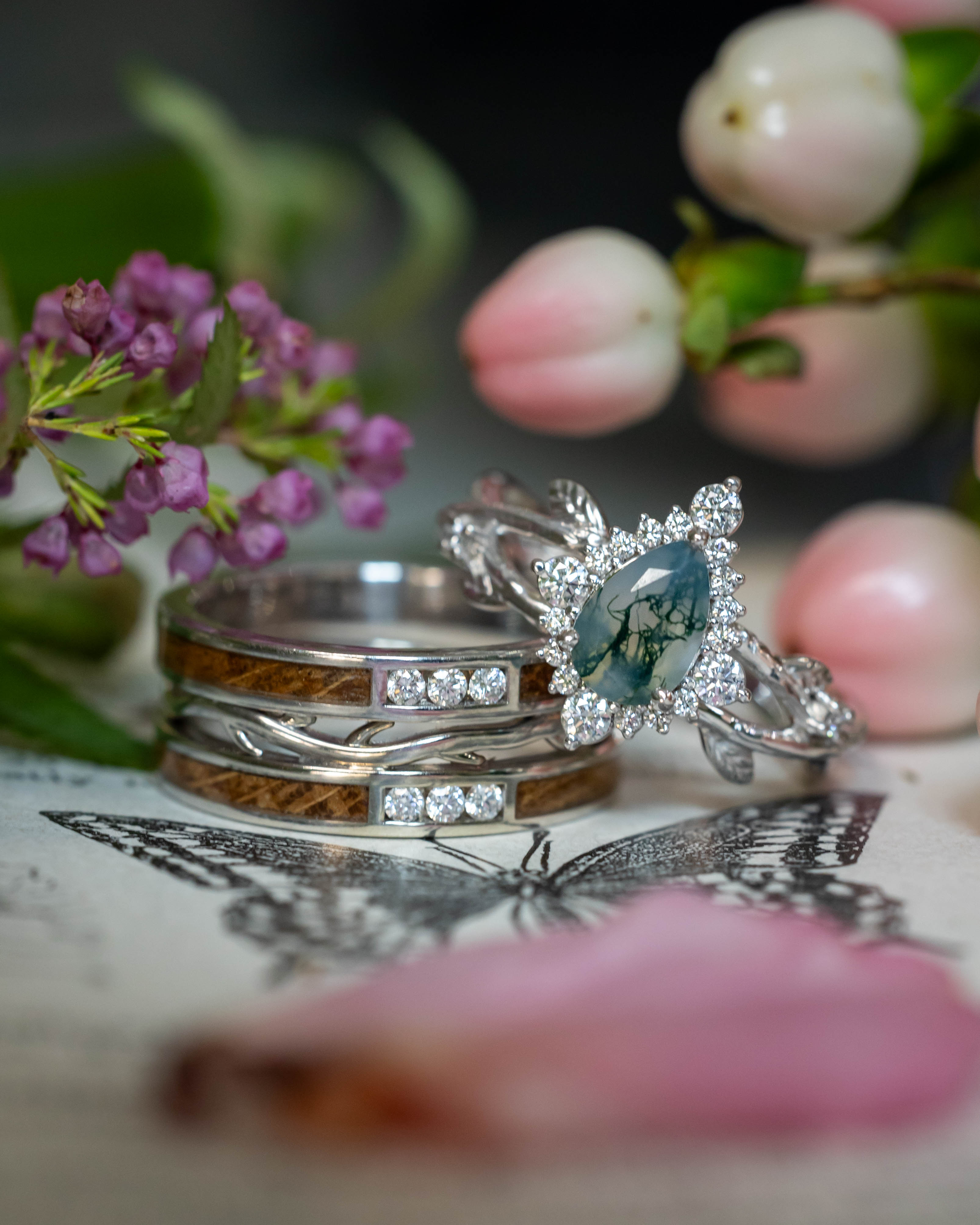 "ARTEMIS ON THE VINE DIVINE" - PEAR ENGAGEMENT RING WITH DIAMOND ACCENTS & A BRANCH-STYLE BAND-Staghead Designs