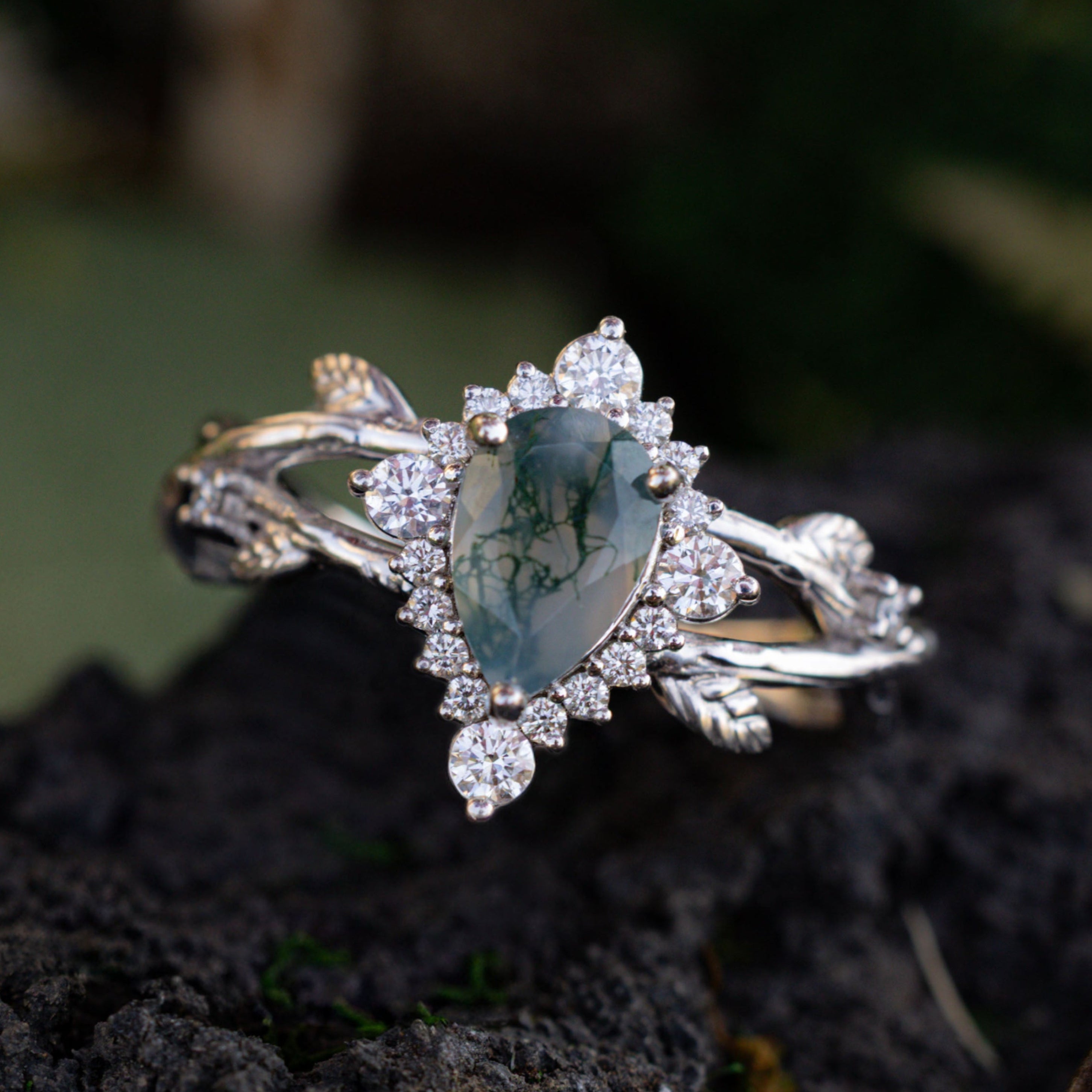 "Artemis On The Vine Divine" - Moss Agate Engagement Ring With Diamond Accents & A Branch-Style Band-Staghead Designs