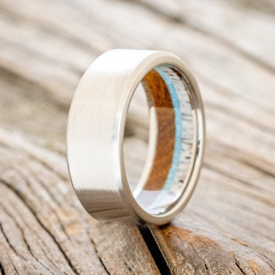 "ARGOS" - ANTLER, IRONWOOD & TURQUOISE LINED WEDDING BAND WITH BRUSHED FINISH-1