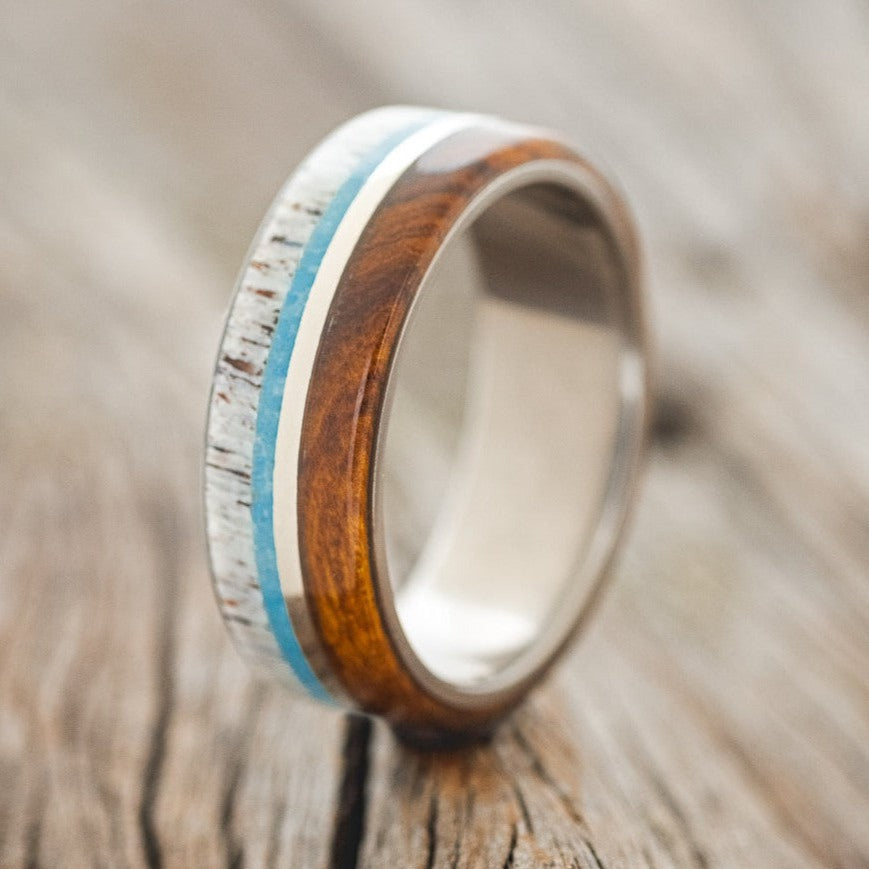 "ARGOS" - ANTLER, TURQUOISE, 14K GOLD & IRONWOOD WEDDING RING-1