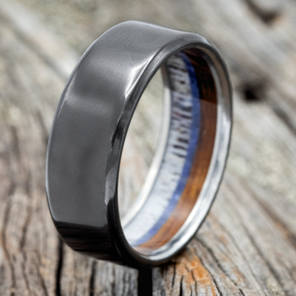 "ARGOS" - ANTLER, WHISKEY BARREL OAK & LAPIS LAZULI WEDDING RING-1