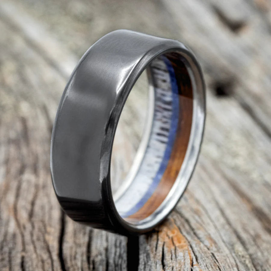 "ARGOS" - WHISKEY BARREL OAK, LAPIS LAZULI, AND ANTLER LINED WEDDING BAND - BLACK ZIRCONIUM - SIZE 10-Staghead Designs