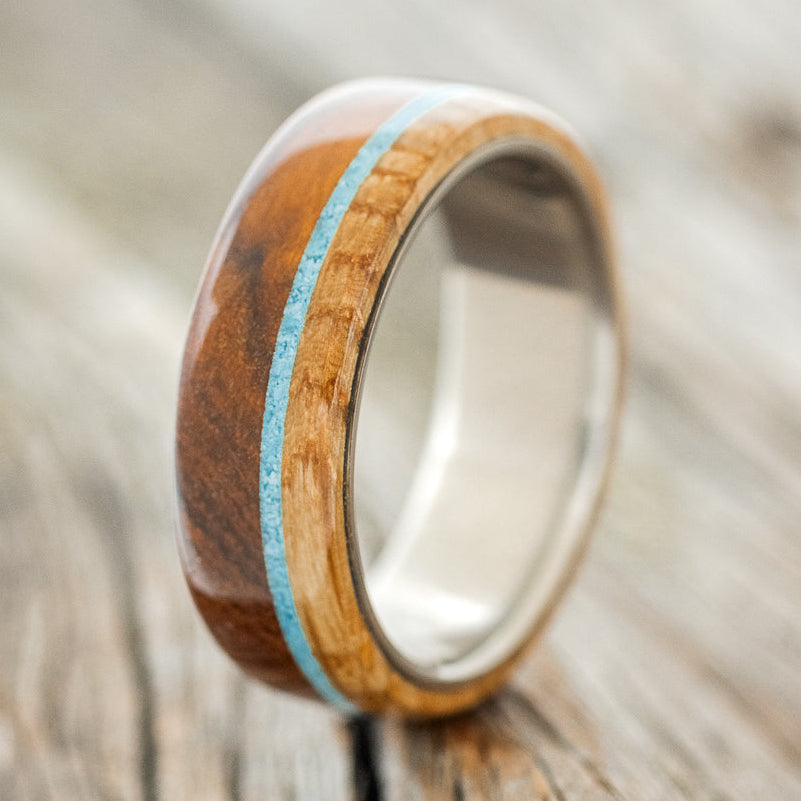 "ARGOS" - IRONWOOD, TURQUOISE & WHISKEY BARREL OAK WEDDING RING - READY TO SHIP-1