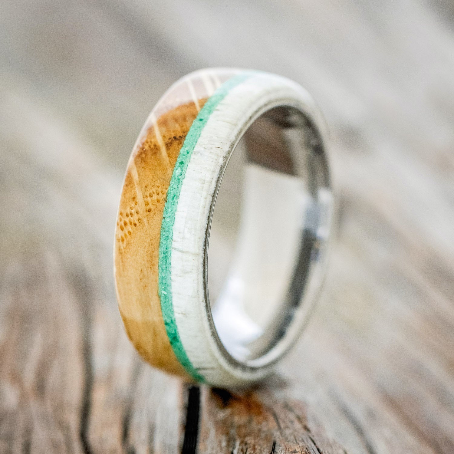 "ARGOS" - WHISKEY BARREL OAK, ANTLER & MALACHITE WEDDING BAND-1