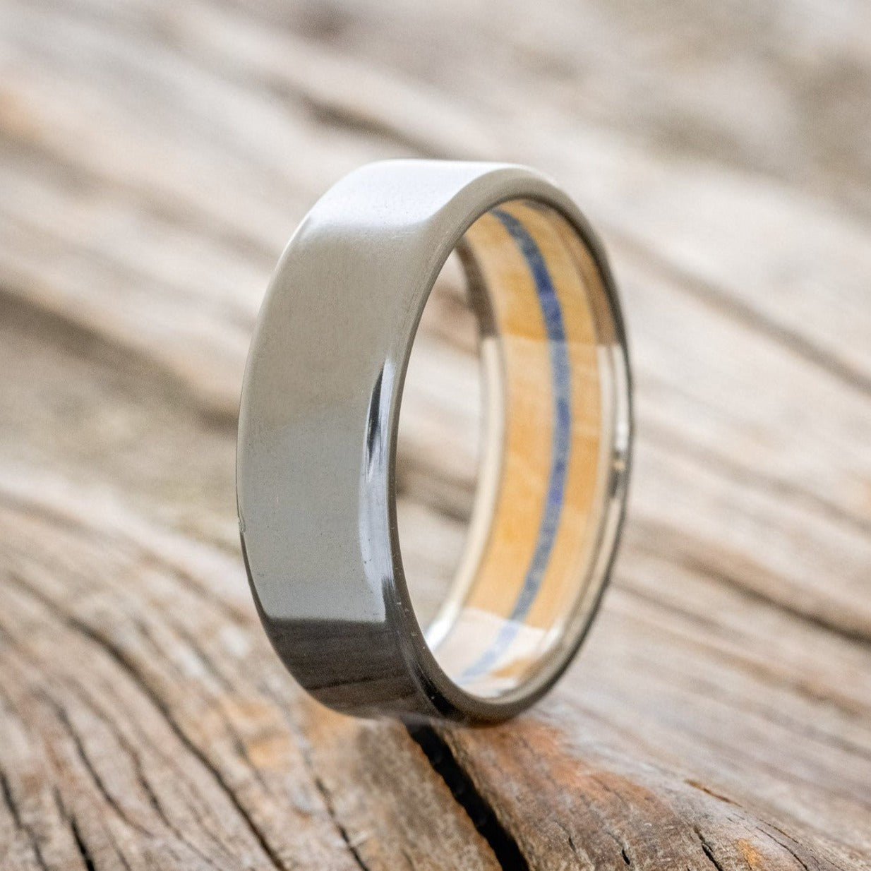 "ARGOS" - WHISKEY BARREL OAK & LAPIS LAZULI LINED WEDDING BAND-1