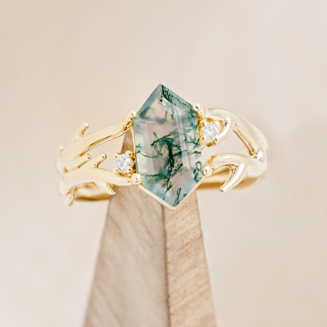 "ARTEMIS" - ELONGATED HEXAGON MOSS AGATE ENGAGEMENT RING WITH AN ANTLER STYLE BAND & DIAMOND ACCENTS - EXPEDITED-1
