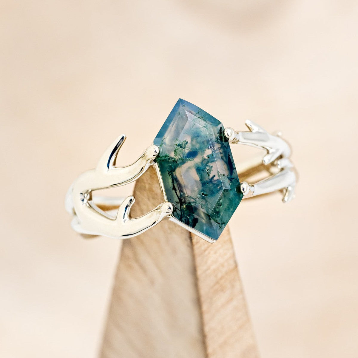 "ARTEMIS" - ELONGATED HEXAGON MOSS AGATE ENGAGEMENT RING WITH AN ANTLER STYLE BAND-1