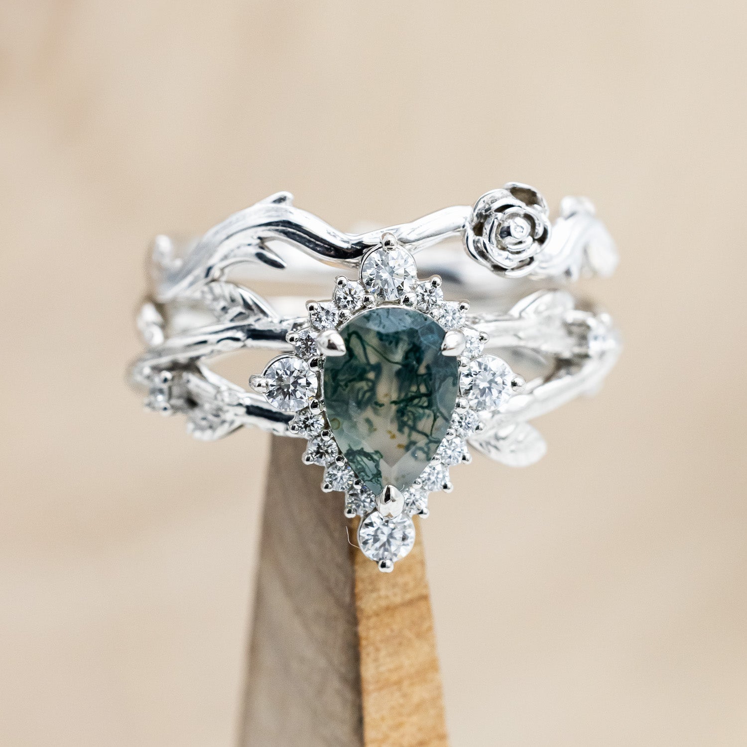 "ARTEMIS ON THE VINE DIVINE" - PEAR ENGAGEMENT RING WITH DIAMOND ACCENTS & A BRANCH-STYLE BAND-Staghead Designs