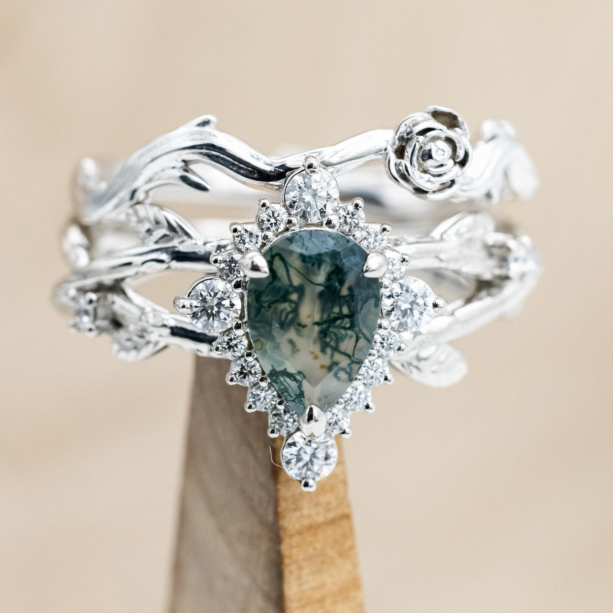 "ARTEMIS ON THE VINE DIVINE" - PEAR ENGAGEMENT RING WITH DIAMOND ACCENTS & A BRANCH-STYLE BAND-Staghead Designs