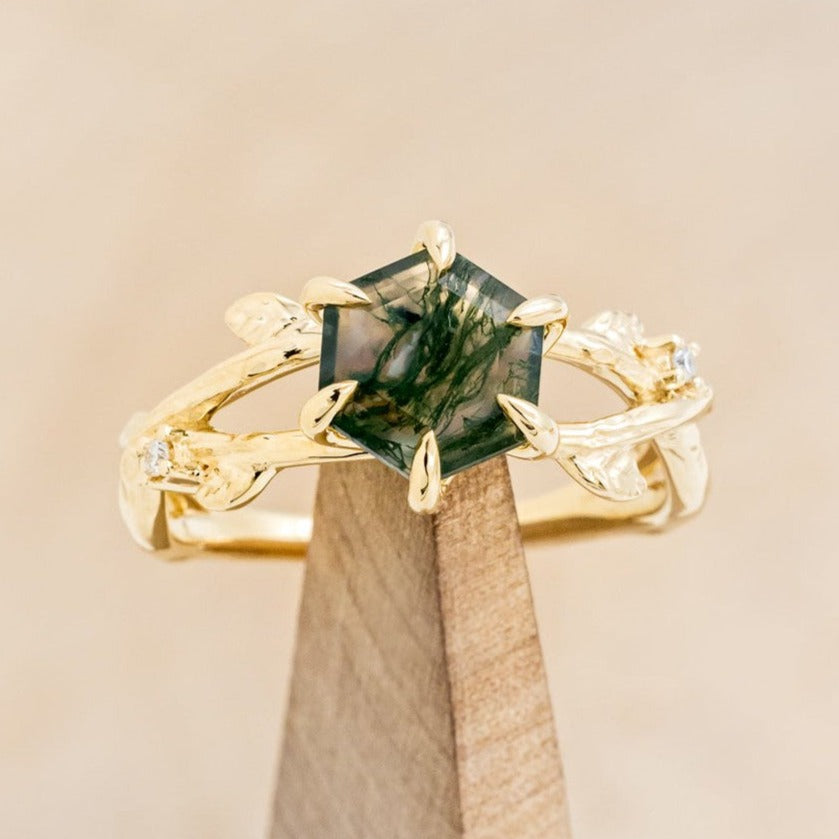 "ARTEMIS ON THE VINE" - HEXAGON MOSS AGATE ENGAGEMENT RING WITH DIAMOND ACCENTS & A BRANCH-STYLE BAND-1