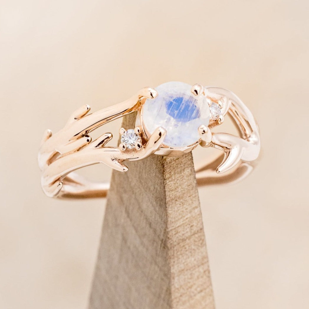 "ARTEMIS" - ROUND CUT MOONSTONE ENGAGEMENT RING WITH ANTLER-STYLE BAND & DIAMOND ACCENTS-1