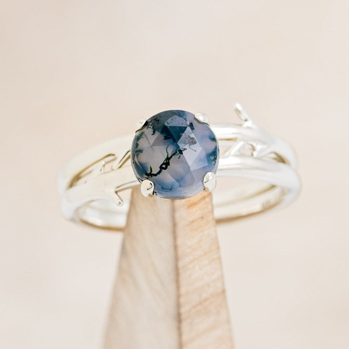 "ARTEMIS" - ROUND MOSS AGATE ENGAGEMENT RING WITH AN ANTLER-STYLE STACKING BAND-1