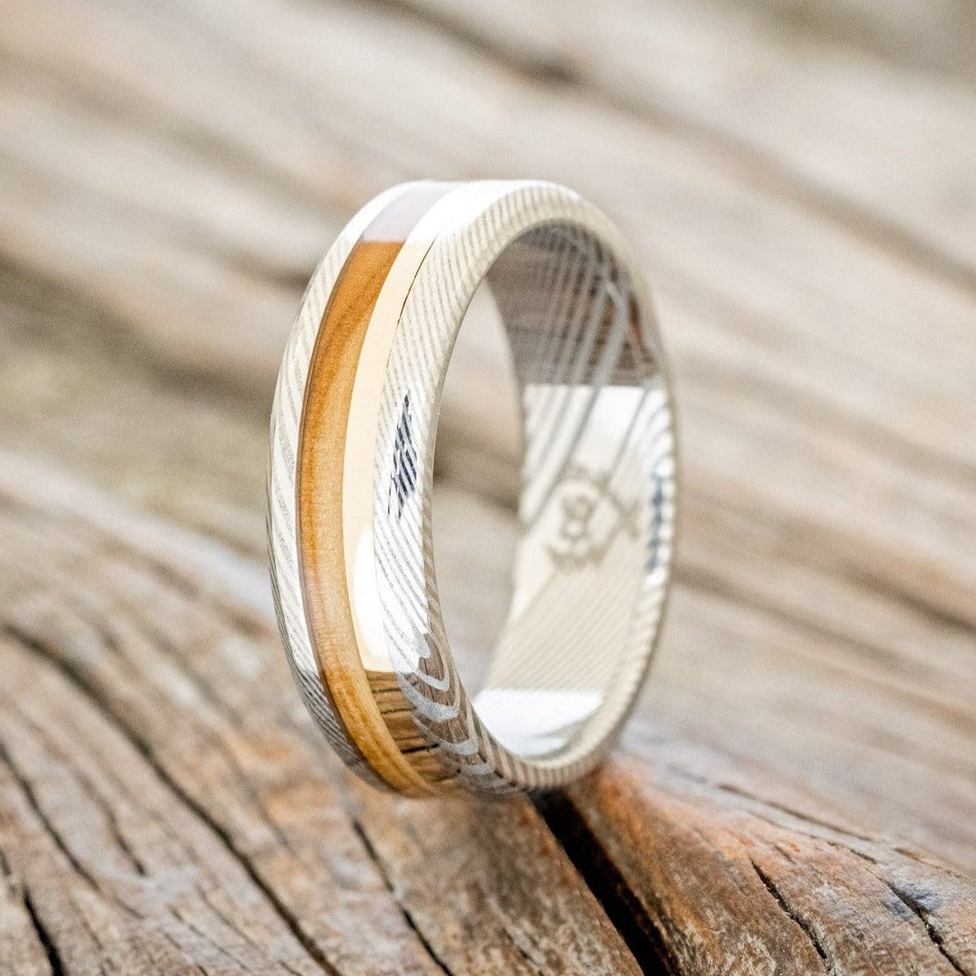 "ASHER" - BETHLEHEM OLIVE WOOD & A 14K YELLOW GOLD INLAY WEDDING RING-1