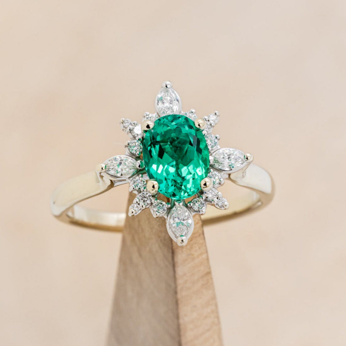 "AZALEA" - OVAL LAB-GROWN EMERALD ENGAGEMENT RING WITH DIAMOND HALO-15