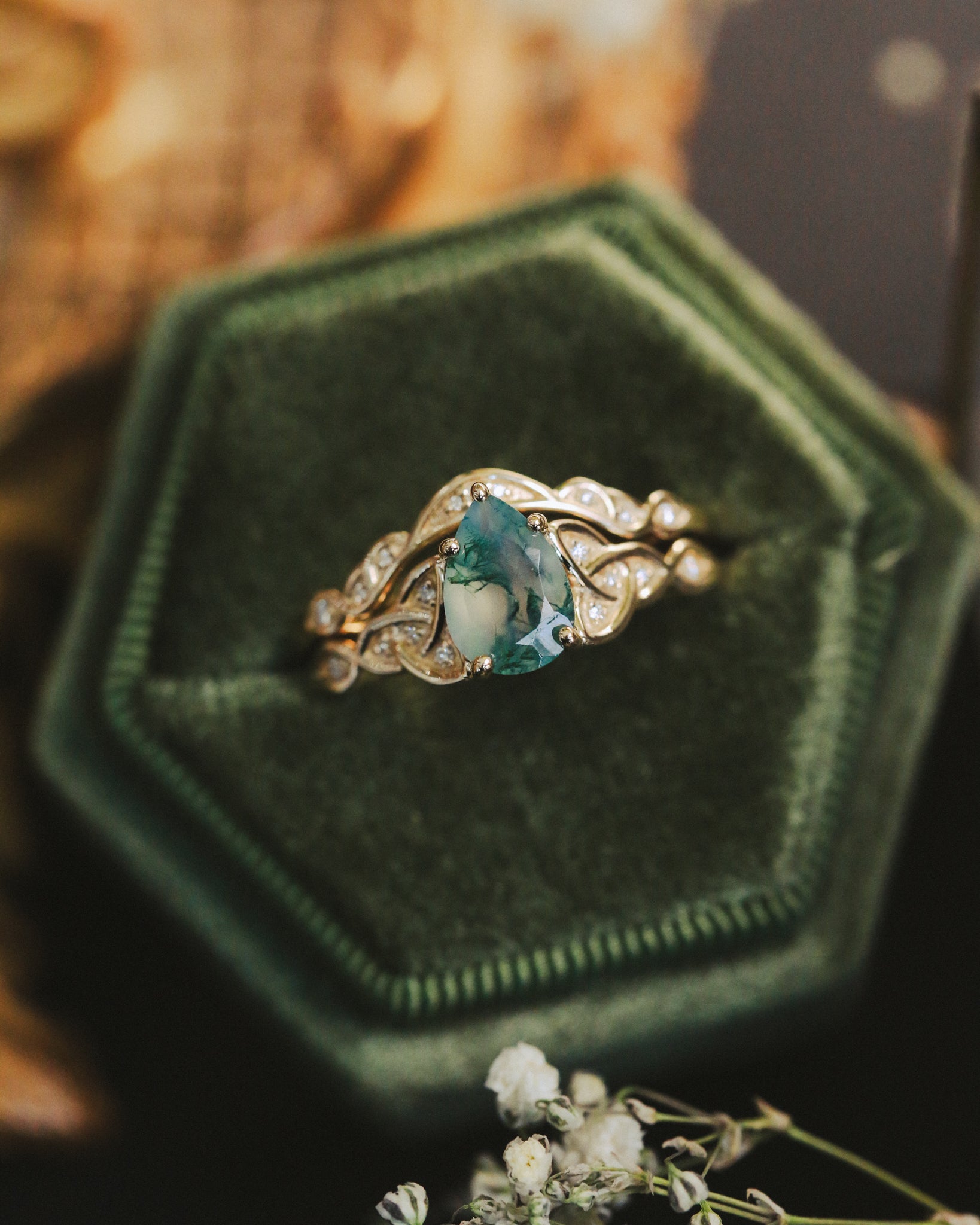 "AIFE" - CELTIC KNOT PEAR MOSS AGATE ENGAGEMENT RING AND TRACER-54