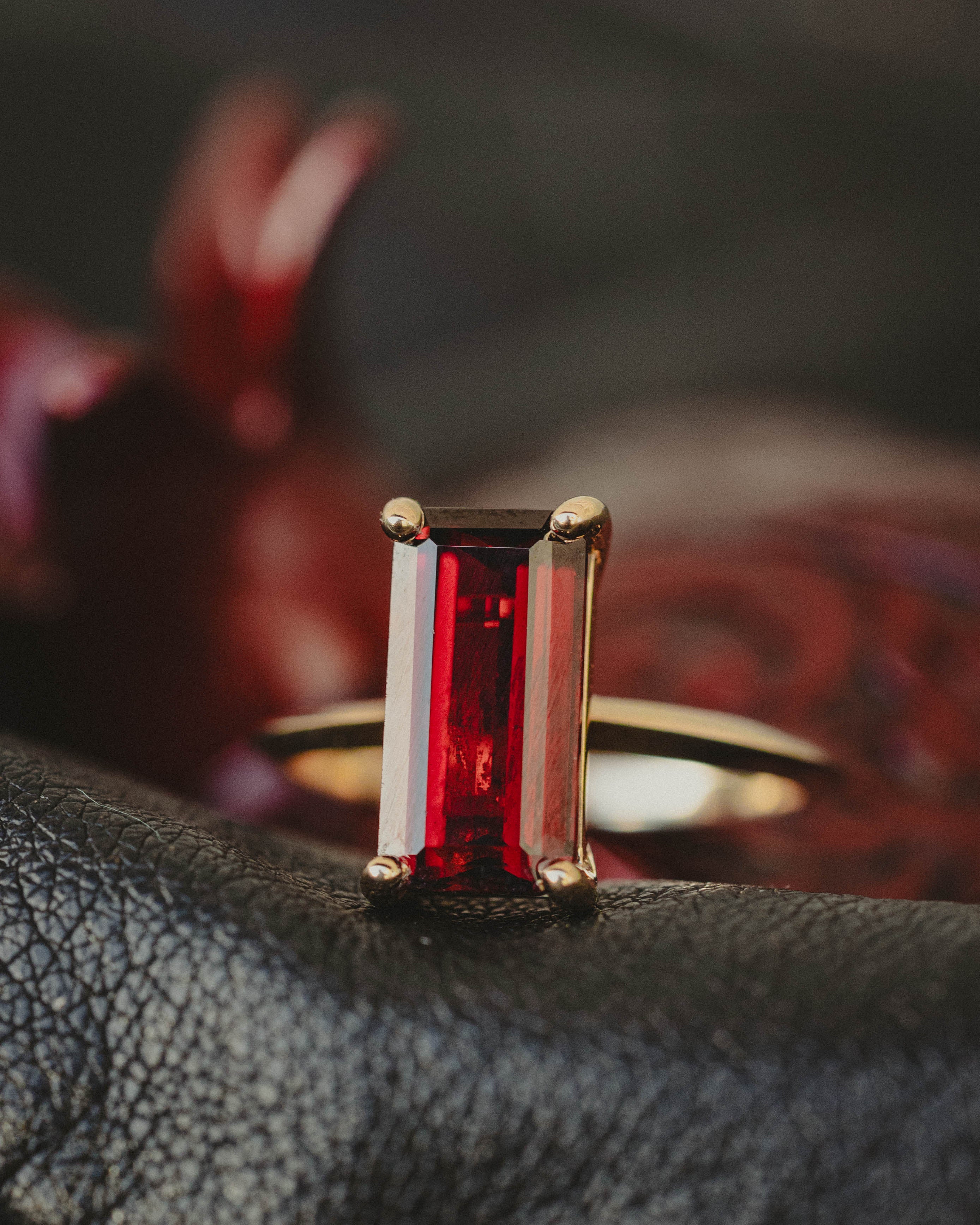 "ALEXA" - EMERALD CUT MOZAMBIQUE GARNET SOLITAIRE ENGAGEMENT RING-Staghead Designs