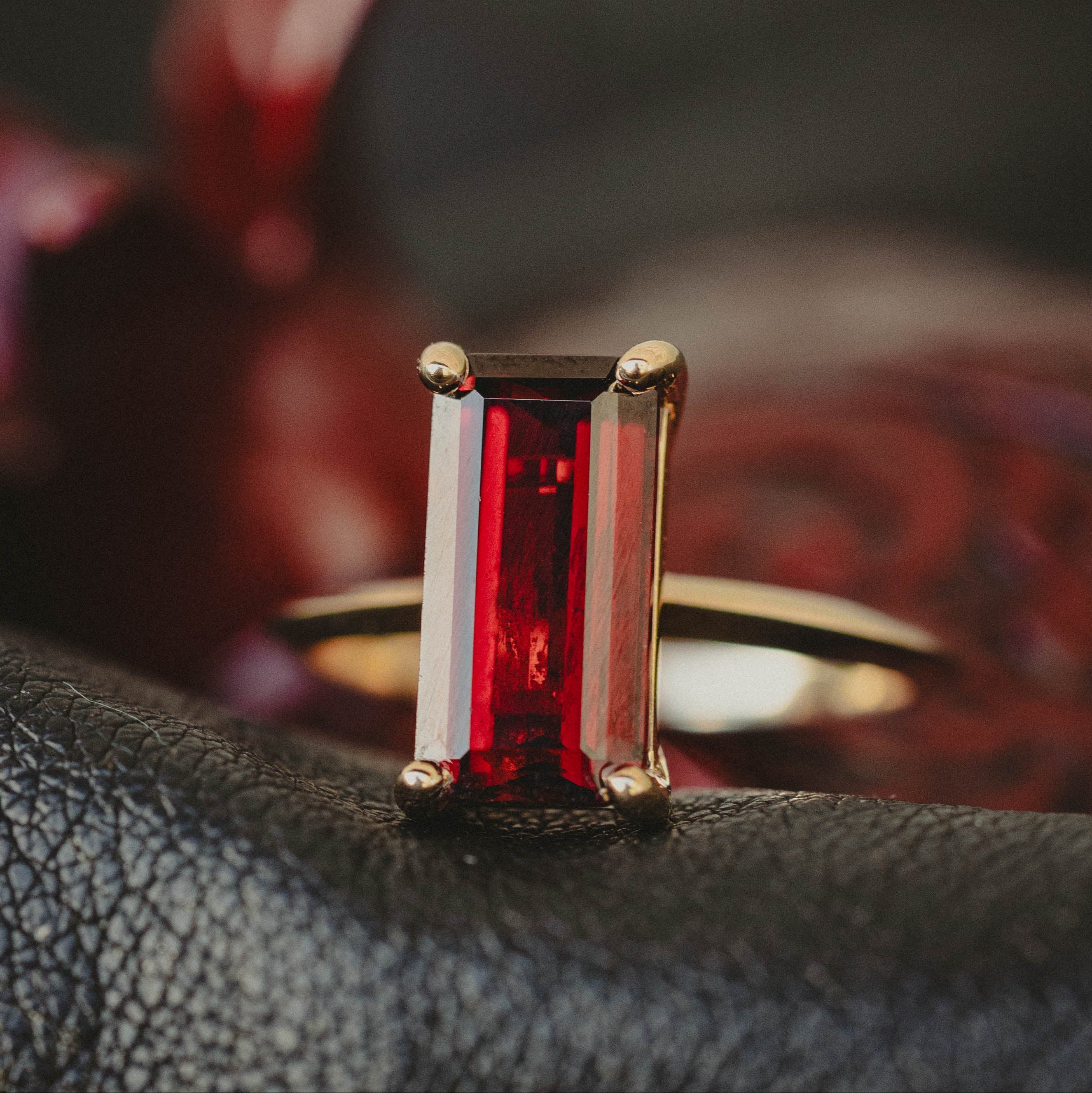 "ALEXA" - EMERALD CUT MOZAMBIQUE GARNET SOLITAIRE ENGAGEMENT RING-Staghead Designs