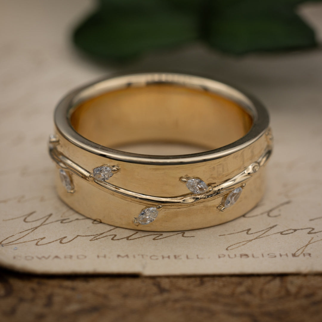 "Alwin" - Custom Vine Embossed Men's Wedding Ring With Leaf-Inspired Diamond Accents-Staghead Designs