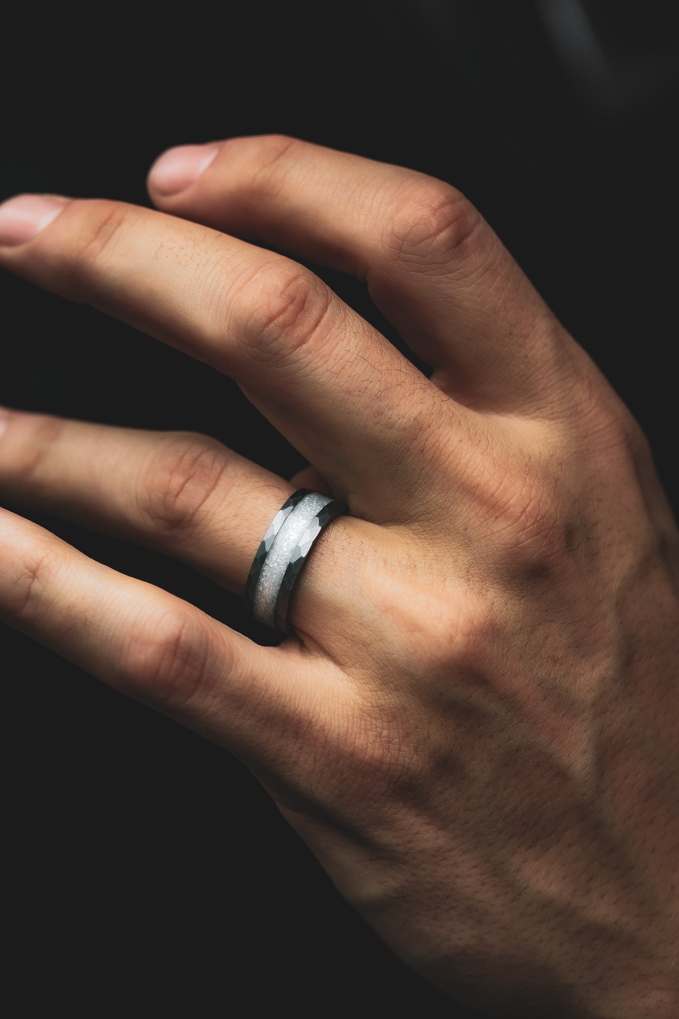 "APOLLO" - FACETED TUNGSTEN WEDDING BAND WITH DIAMOND DUST INLAY-5