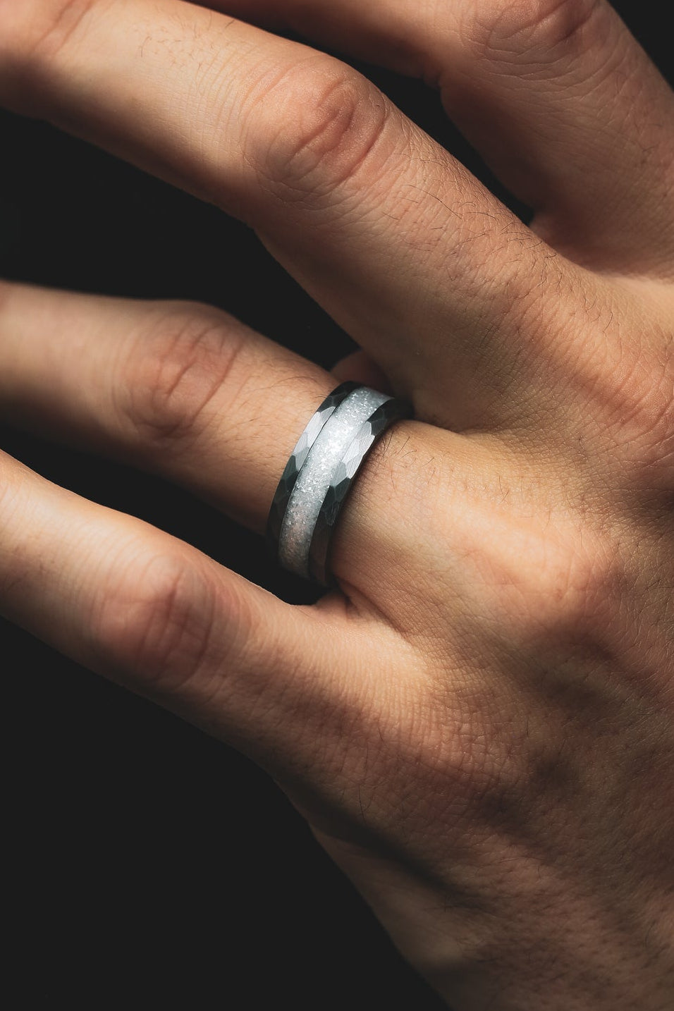 "APOLLO" - FACETED TUNGSTEN WEDDING BAND WITH DIAMOND DUST INLAY-5