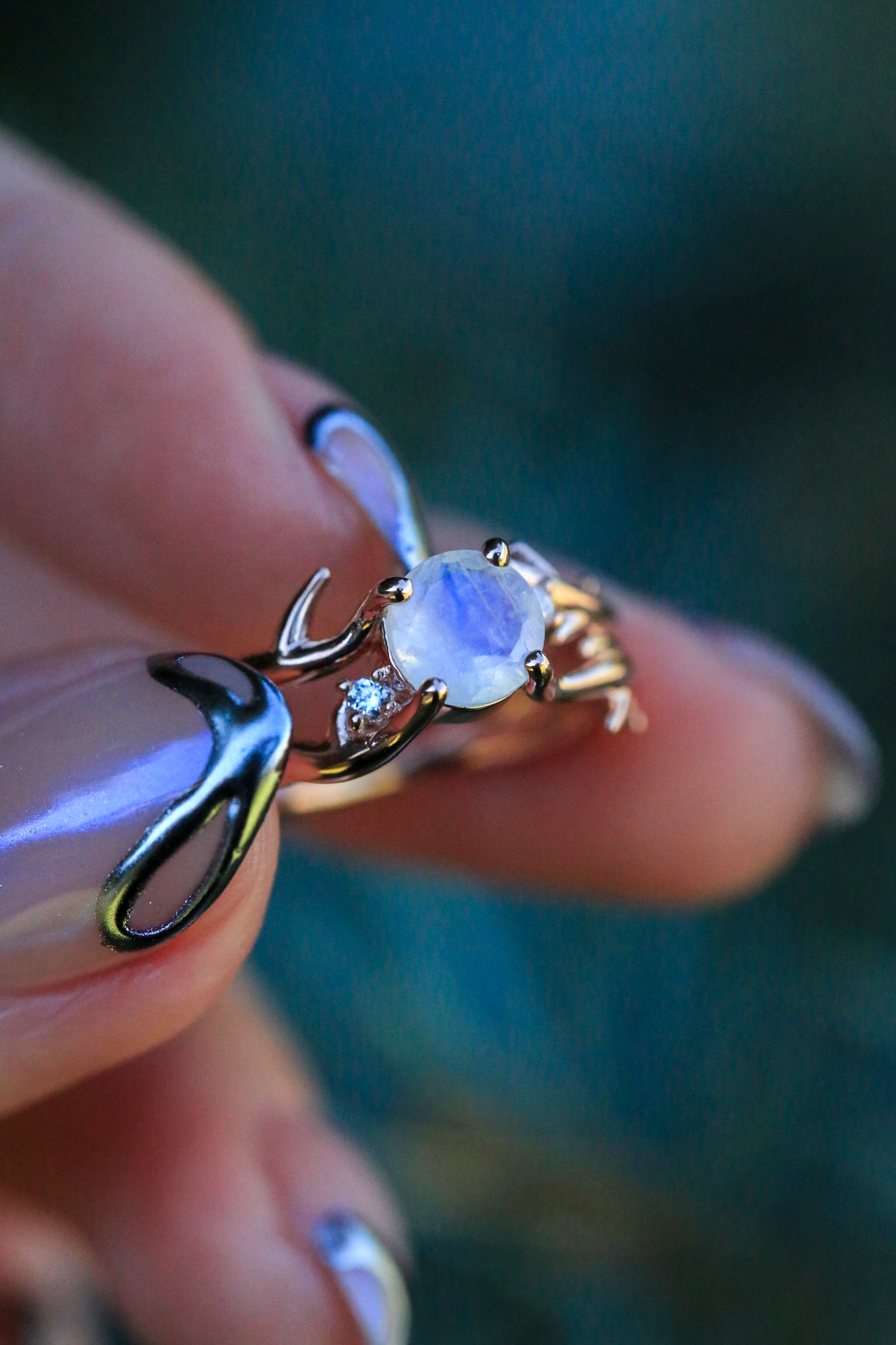 "ARTEMIS" - ROUND CUT MOONSTONE ENGAGEMENT RING WITH ANTLER-STYLE BAND & DIAMOND ACCENTS-13