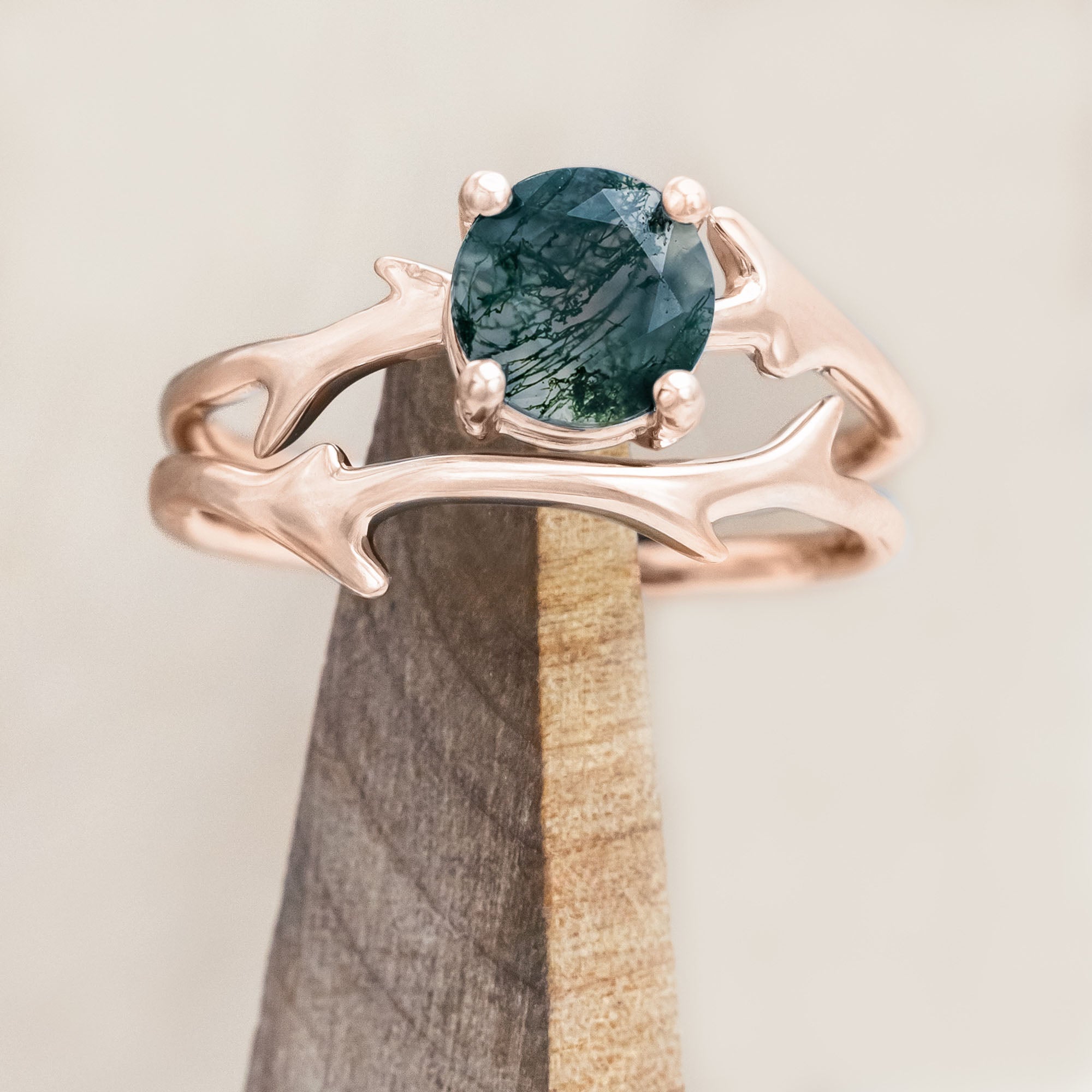 "ARTEMIS" - ROUND CUT ENGAGEMENT RING WITH AN ANTLER-STYLE STACKING BAND-Staghead Designs
