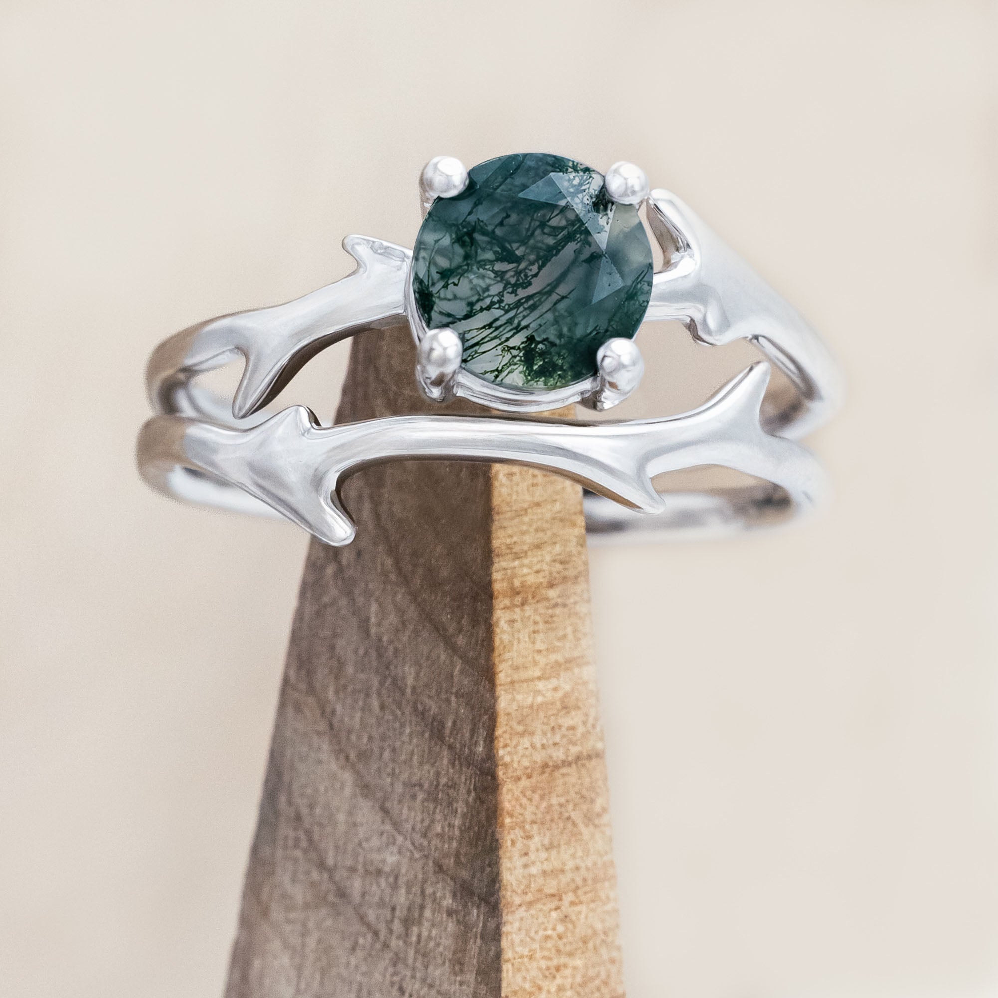 "ARTEMIS" - ROUND CUT ENGAGEMENT RING WITH AN ANTLER-STYLE STACKING BAND-Staghead Designs
