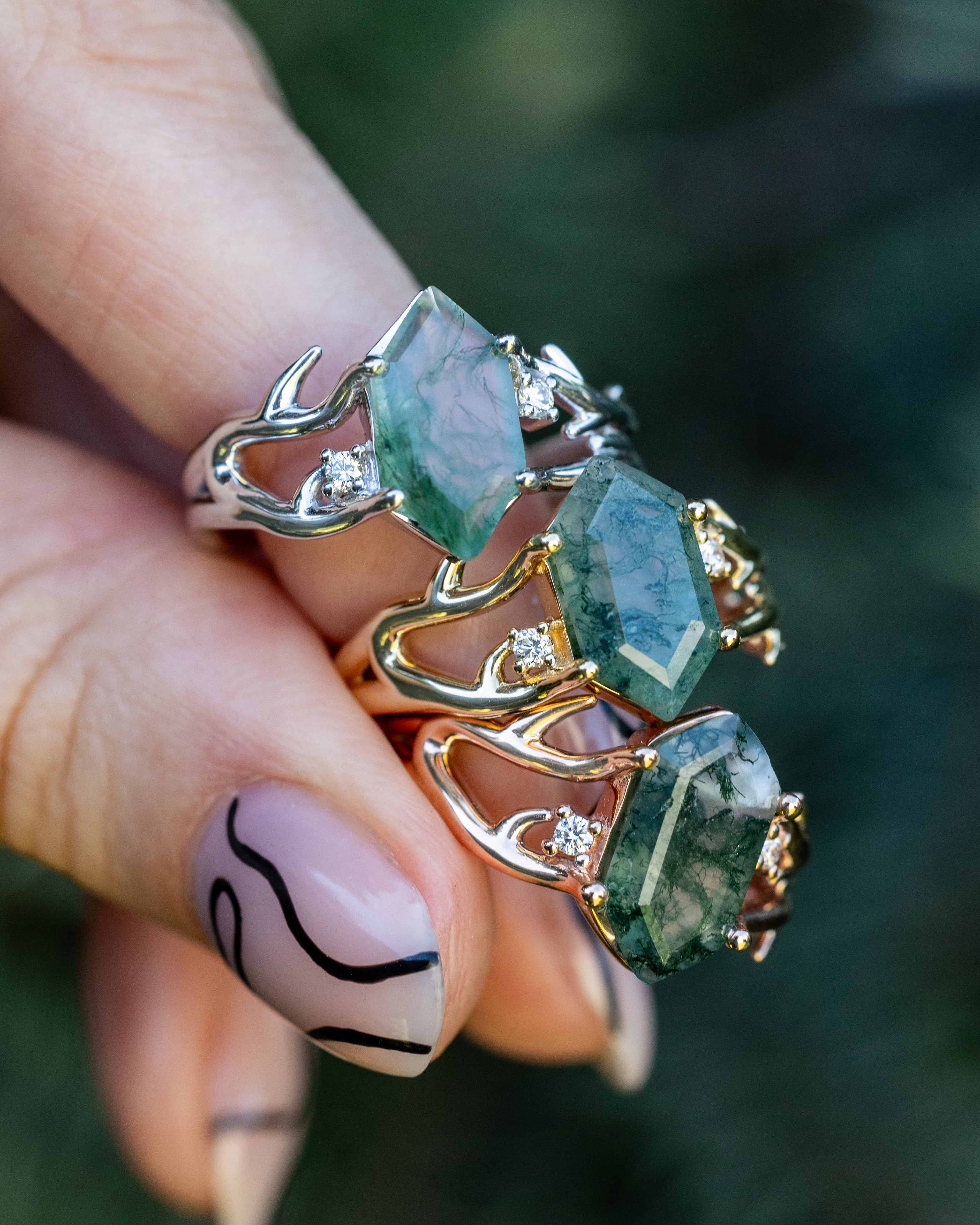 "ARTEMIS" - ELONGATED HEXAGON MOSS AGATE ENGAGEMENT RING WITH AN ANTLER STYLE BAND & CHOICE OF DIAMOND ACCENTS-Staghead Designs