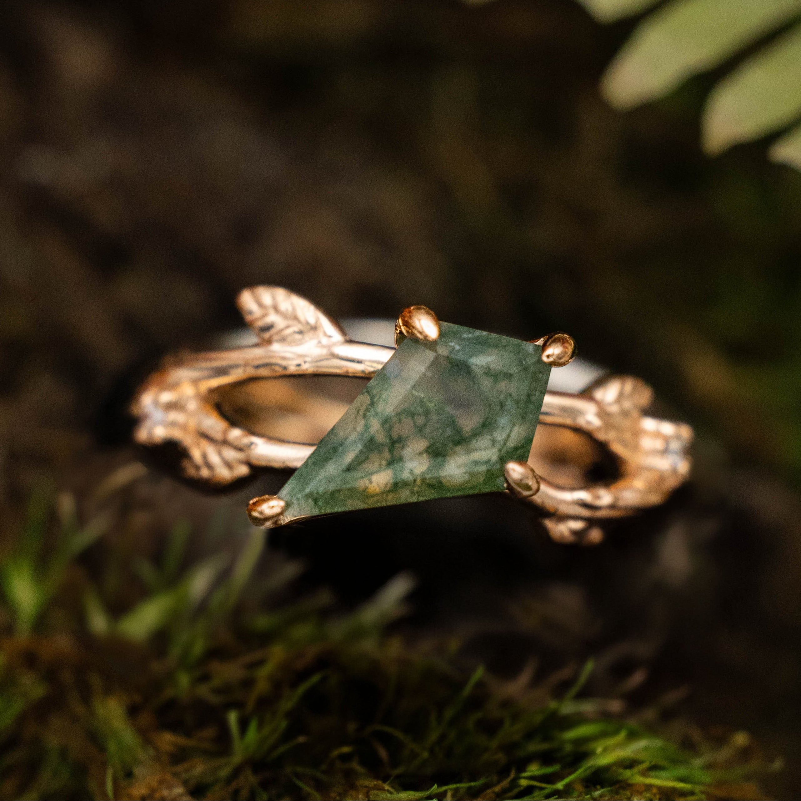 "ARTEMIS ON THE VINE" DIAGONAL - KITE CUT MOSS AGATE ENGAGEMENT RING WITH DIAMOND ACCENTS & A BRANCH-STYLE BAND-Staghead Designs
