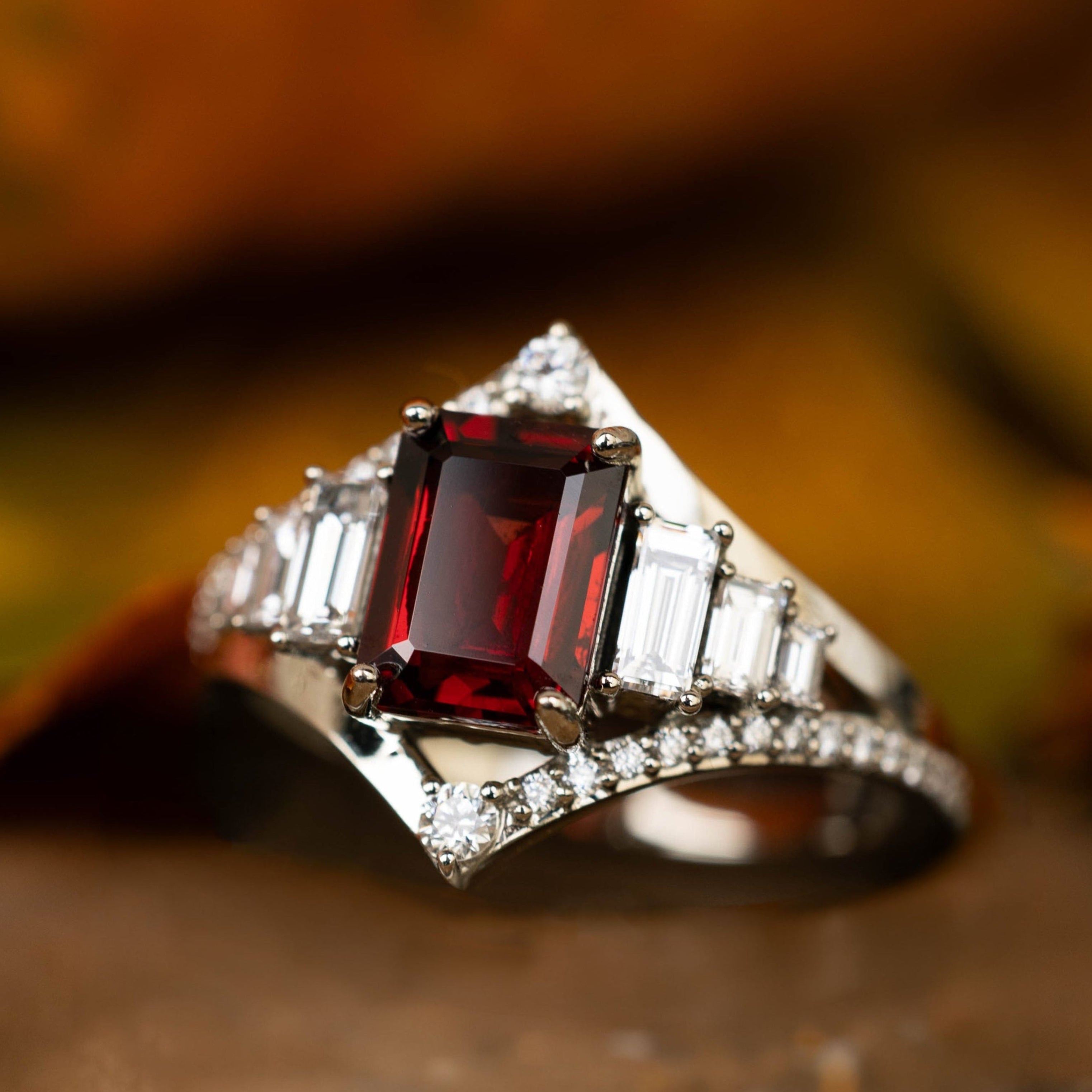 "ATHENA" - EMERALD CUT MOZAMBIQUE GARNET ENGAGEMENT RING WITH DIAMOND ACCENTS-Staghead Designs