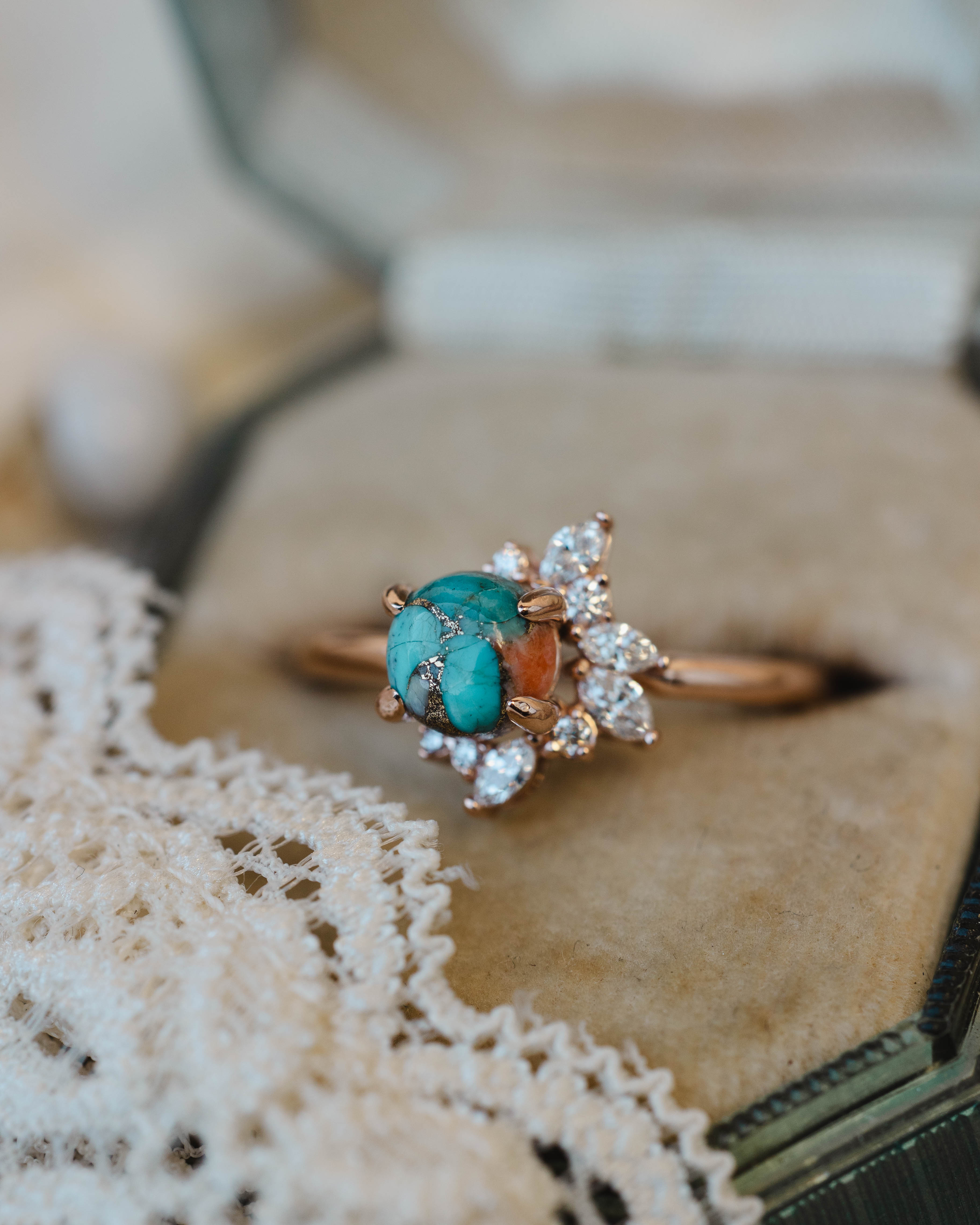 "AURAE" - ROUND CUT SPINY OYSTER TURQUOISE ENGAGEMENT RING-Staghead Designs