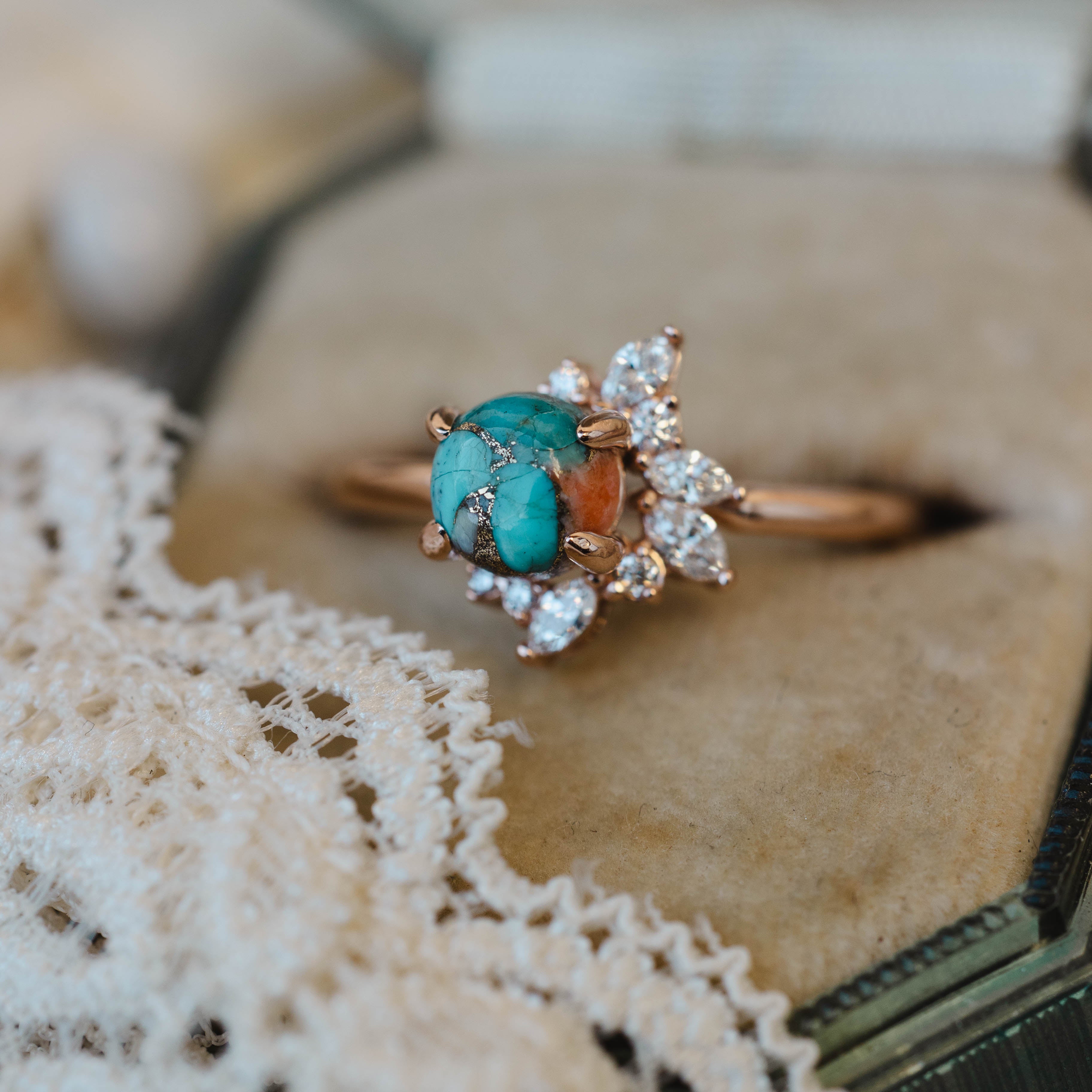 "AURAE" - ROUND CUT SPINY OYSTER TURQUOISE ENGAGEMENT RING-Staghead Designs