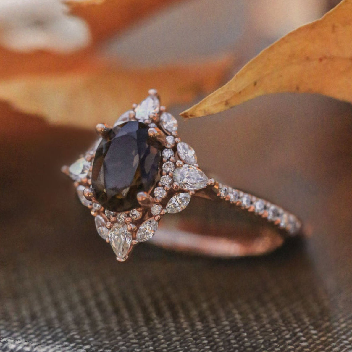 "North Star" - Oval Salt & Pepper Diamond Engagement Ring With Diamond Halo & Accents-Staghead Designs