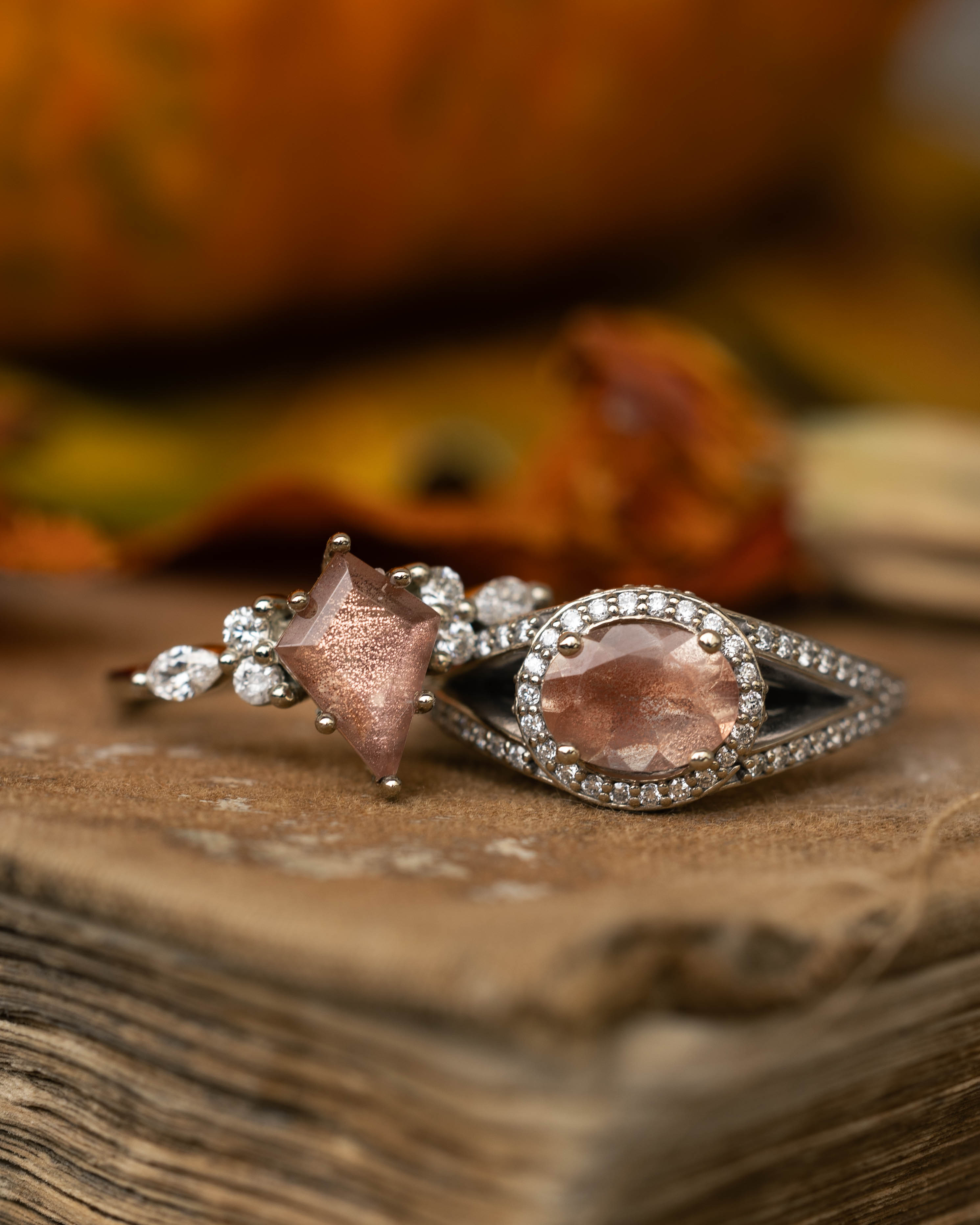 ONE-OF-A-KIND - "SAGE" - KITE CUT OREGON SUNSTONE ENGAGEMENT RING WITH DIAMOND ACCENTS & TRACER-Staghead Designs