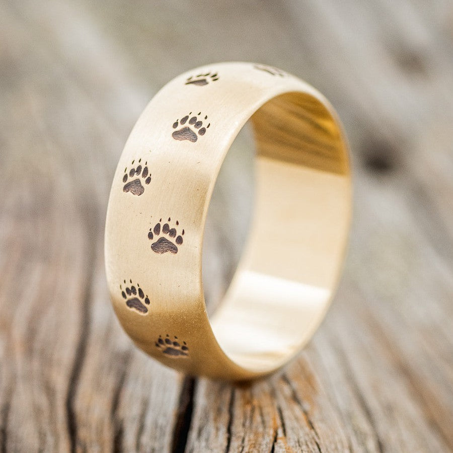 BEAR PAW ENGRAVED 14K GOLD DOMED WEDDING BAND WITH A BRUSHED FINISH-1