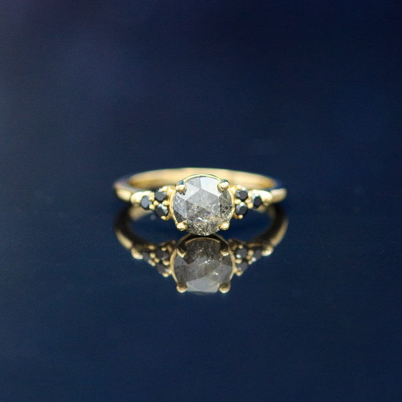 "BELATRIX" - ROSE CUT SALT & PEPPER DIAMOND ENGAGEMENT RING WITH BLACK DIAMOND ACCENTS-1