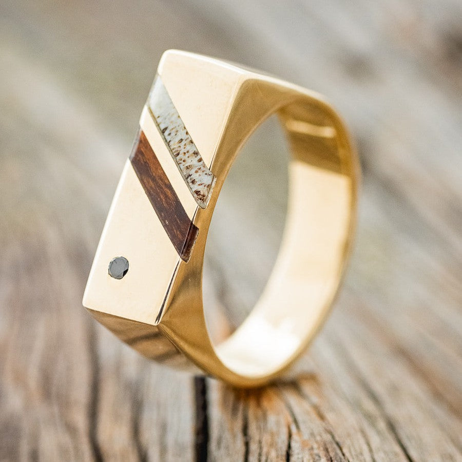 BLACK DIAMOND, IRONWOOD & ELK ANTLER 14K GOLD WEDDING RING-1
