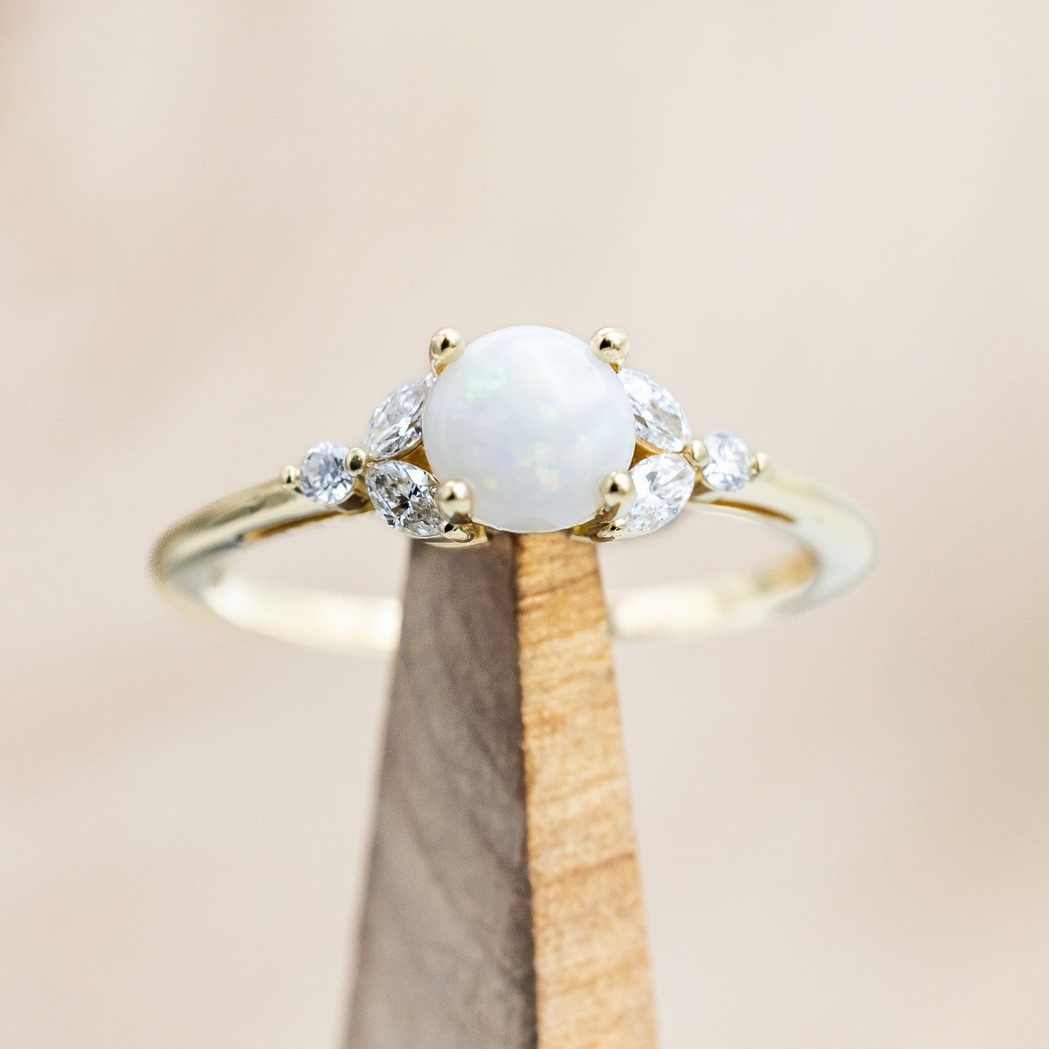 "BLOSSOM" - ROUND CUT OPAL ENGAGEMENT RING WITH LEAFCUT DIAMOND ACCENTS-Staghead Designs