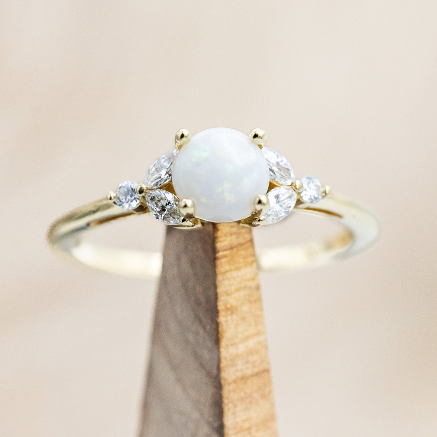 "BLOSSOM" - ROUND CUT OPAL ENGAGEMENT RING WITH LEAFCUT DIAMOND ACCENTS-Staghead Designs