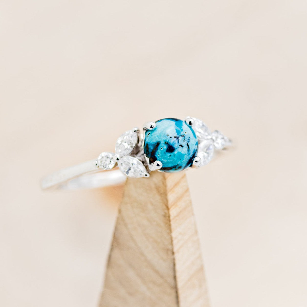 "BLOSSOM" - ROUND CUT TURQUOISE ENGAGEMENT RING WITH LEAF-SHAPED DIAMOND ACCENTS-1