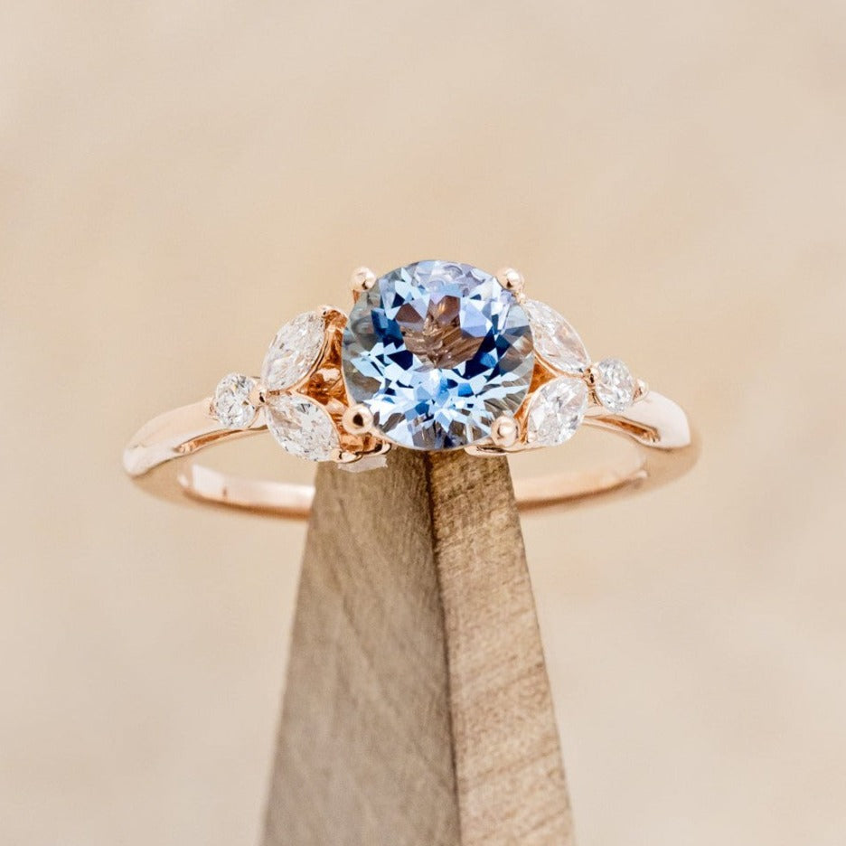 "BLOSSOM" - ROUND CUT AQUAMARINE ENGAGEMENT RING WITH LEAF-SHAPED DIAMOND ACCENTS-1