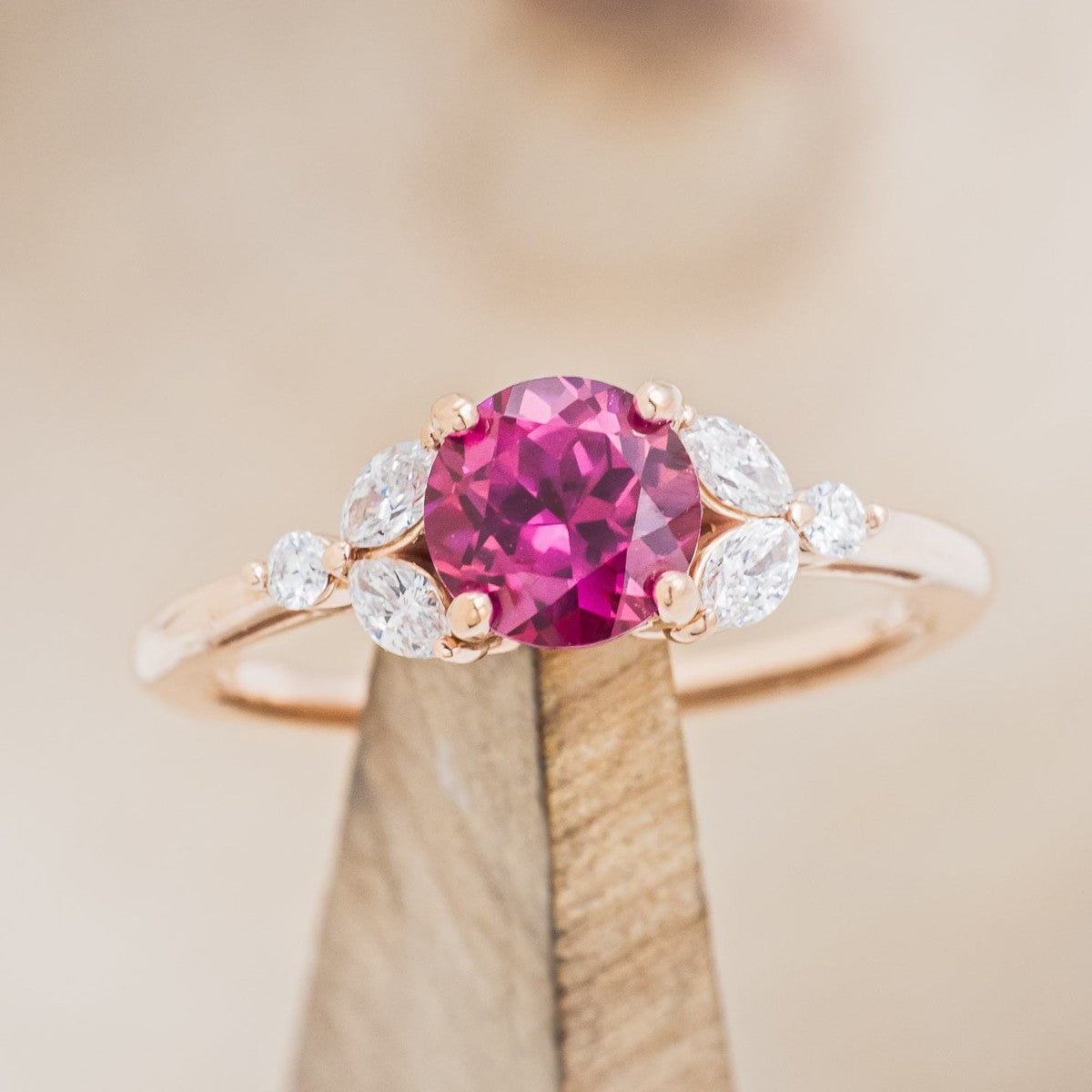 "BLOSSOM" - ROUND CUT LAB-GROWN RUBY ENGAGEMENT RING WITH LEAF-SHAPED DIAMOND ACCENTS-1