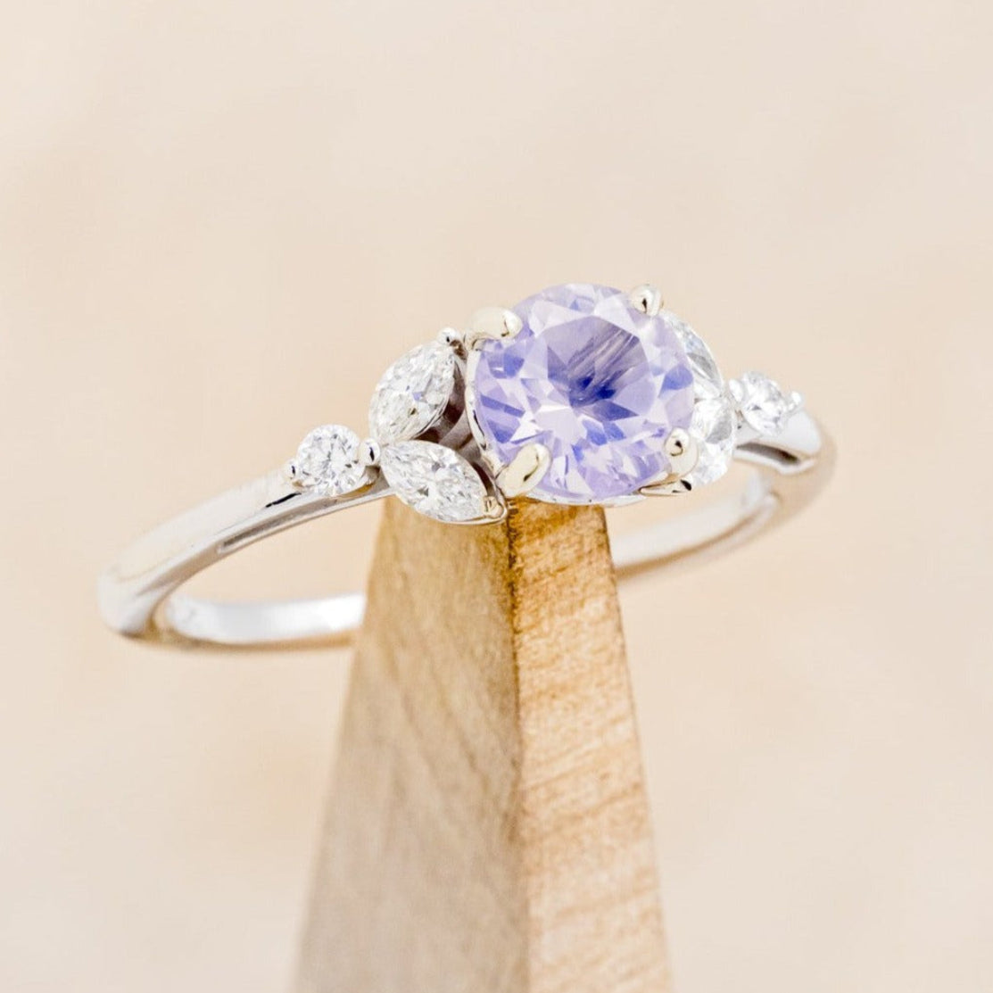"BLOSSOM" - ROUND CUT LAVENDER QUARTZ ENGAGEMENT RING WITH LEAF SHAPED DIAMOND ACCENTS-1