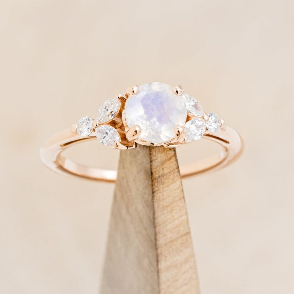 "BLOSSOM" - ROUND CUT MOONSTONE ENGAGEMENT RING WITH LEAF SHAPED DIAMOND ACCENTS-1